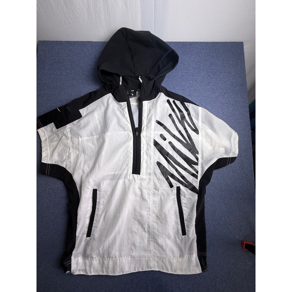 Nike Mens Short Sleeve Windbreaker Half Zip Hoodie White Black AR1559-100 Small